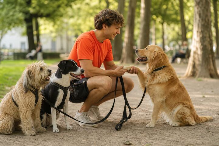 Dog sitter with a dog in the park