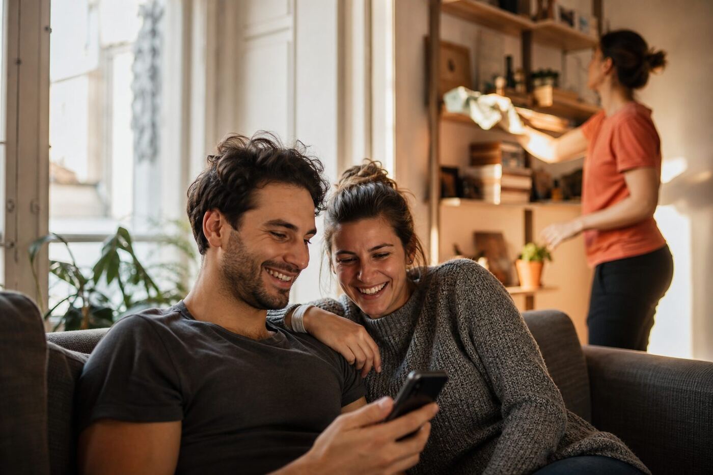 Two people relaxing on the sofa while a pro works in the background